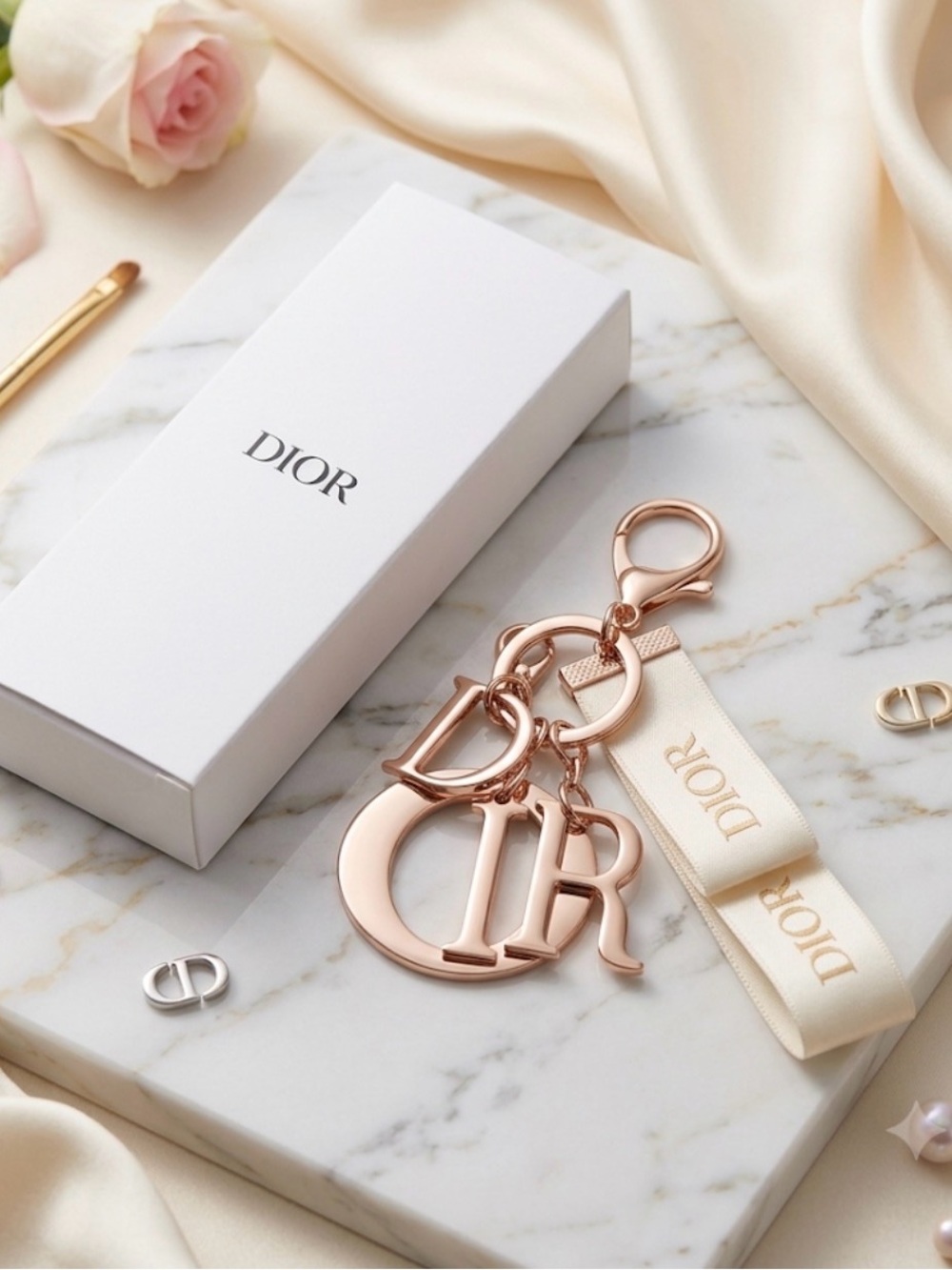 DIOR keychain Gold & Cream Logo Keychain with Ribbon new in box